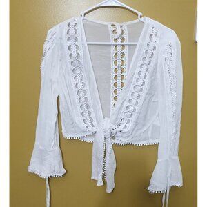 Elan 3/4 Bell Slv Sheer Crop Embroider Scallop Front Tie Blouse M Boho Cottage